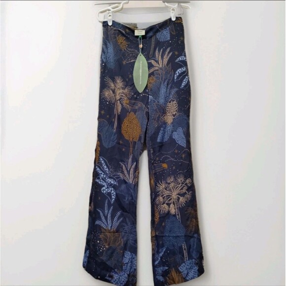 Farm Rio X Anthropologie Night Jungle Flare Pants Boho Flowy Silky SZ M - Picture 3 of 11